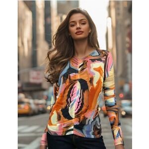 Bailey 44 Vanity Mesh Top Size Small Ruched Swirl Lined Body Long Sleeve EUC